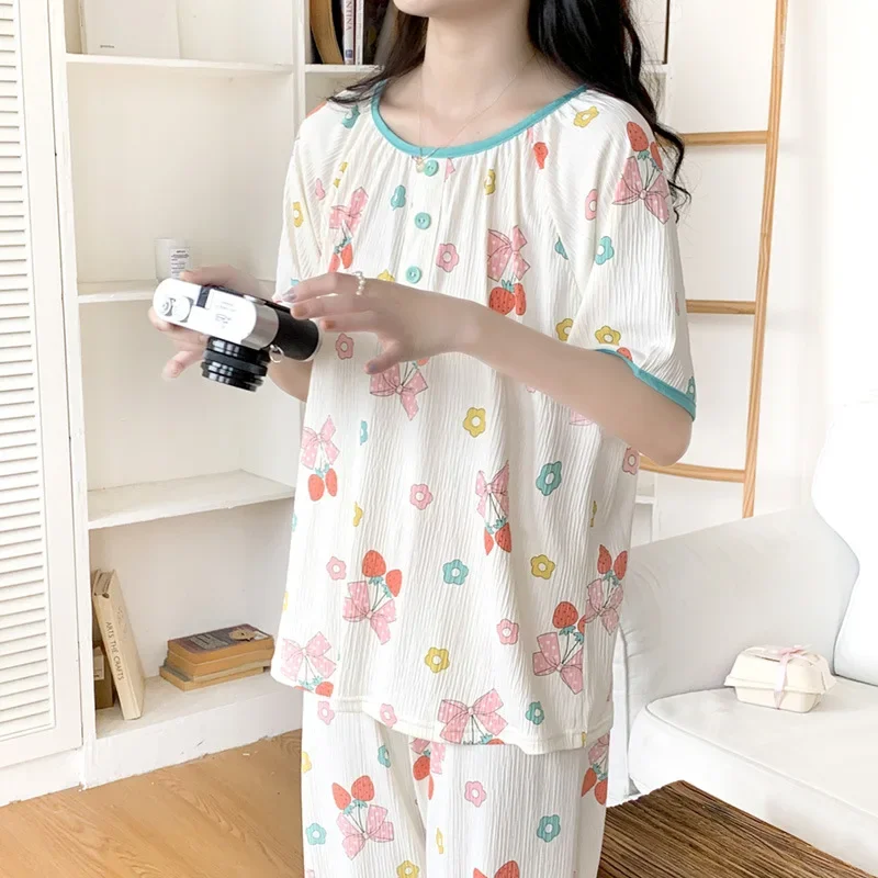 Cotton Short Sleeve Pants Floral Print Woman Satin Pajama Sets Ensembles 2 Piece Lady Outfit Lounge Women Pijama Sleepwear Pj