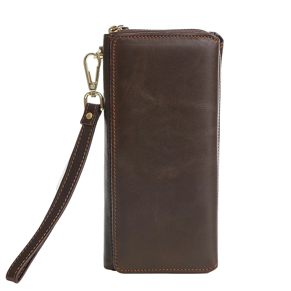 Cartera de pulsera de cuero genuino para hombre de moda con gran capacidad y cierre de cremallera