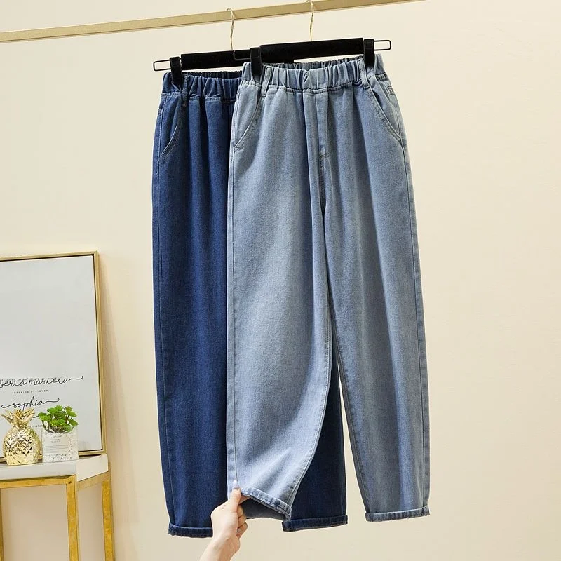 بنطلون جينز نسائي بخصر مرتفع مرن مقاس كبير، تصميم صيفي جديد نحيف بطول تسعة أرباع، بنطلون واسع الساق #2