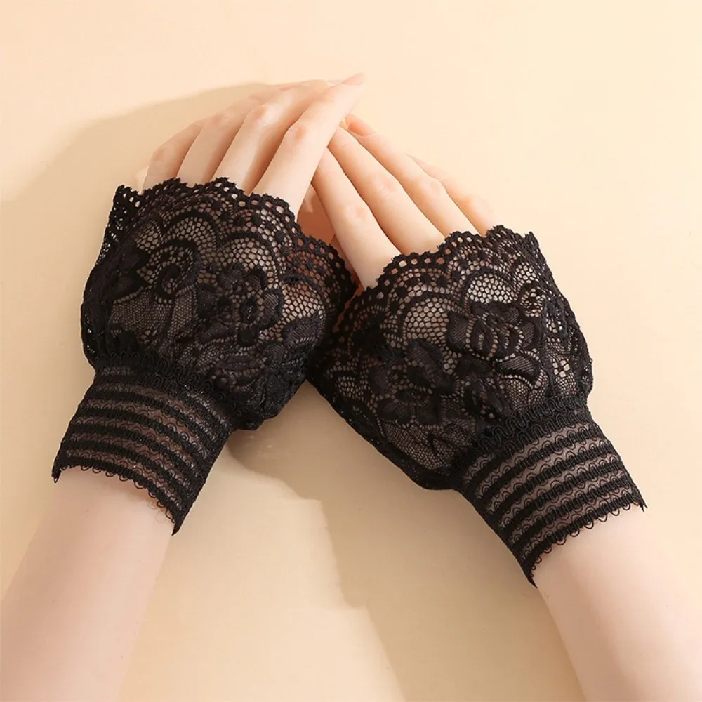 1 Pair Versatile Elegant Fake Cuffs Embroidery Pattern Detachable Lace Sleeves Thin Solid Color False Cuffs For Women