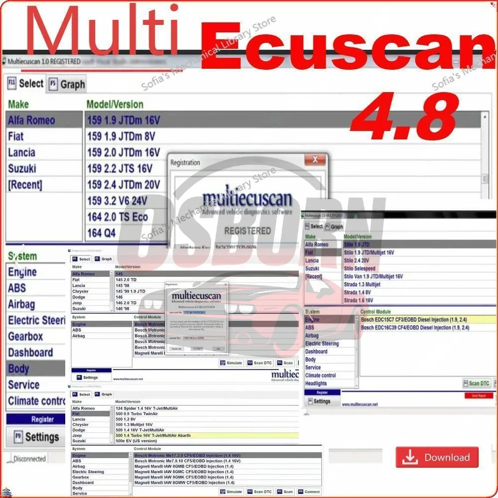 Multiecuscan V4.9 v4.8 v5.0 para Fiat Chrysler Dod/ge Jeep Su/zuki Software de escáner 4.9 funciona con herramientas elm327 obd2