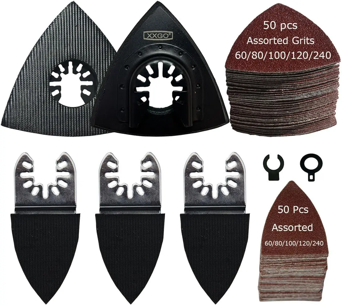 

Oscillating Multi Tool Sanding Kit with 105 Pcs Including Triangle & Finger Pads, 100 Pcs Sandpaper for Wood