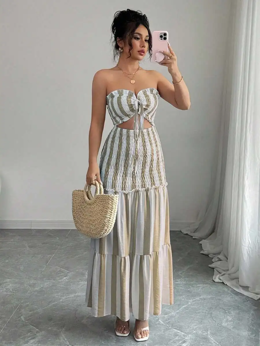 

Striped Wrap Bust Cut Out Maxi Dress With Waist Tie For Summer Vacation Beach Party