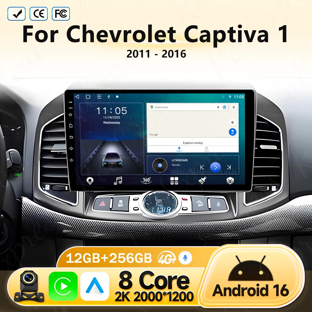 Radio para Auto con Carplay, 4G WIFI, GPS, Navegación, Reproductor Multimedia, Video, Estéreo, BT, Android 16 para Chevrolet Captiva 1 2011-2016