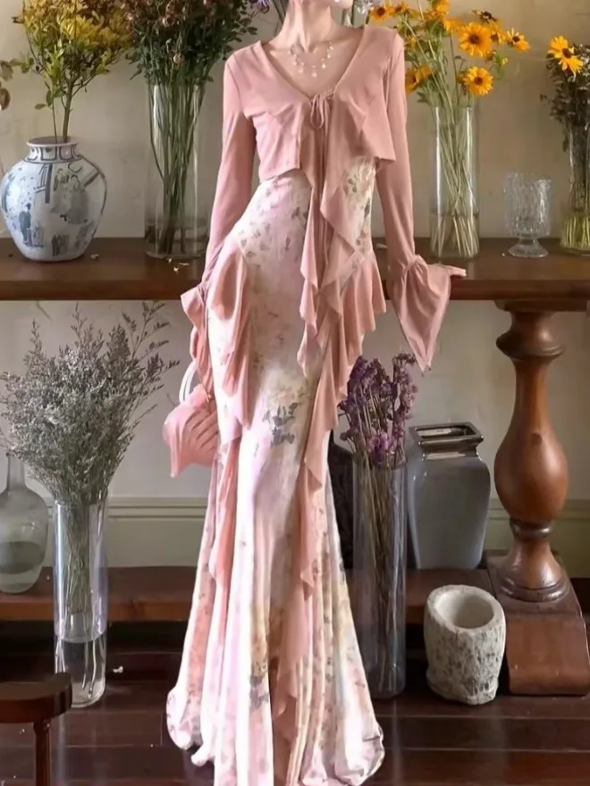 

Fashionable plus Size Floral Embellished Elastic Lace Strap Dress with Belt Long Sleeve Asymmetric Hem V-Neck Thin Summer Dress