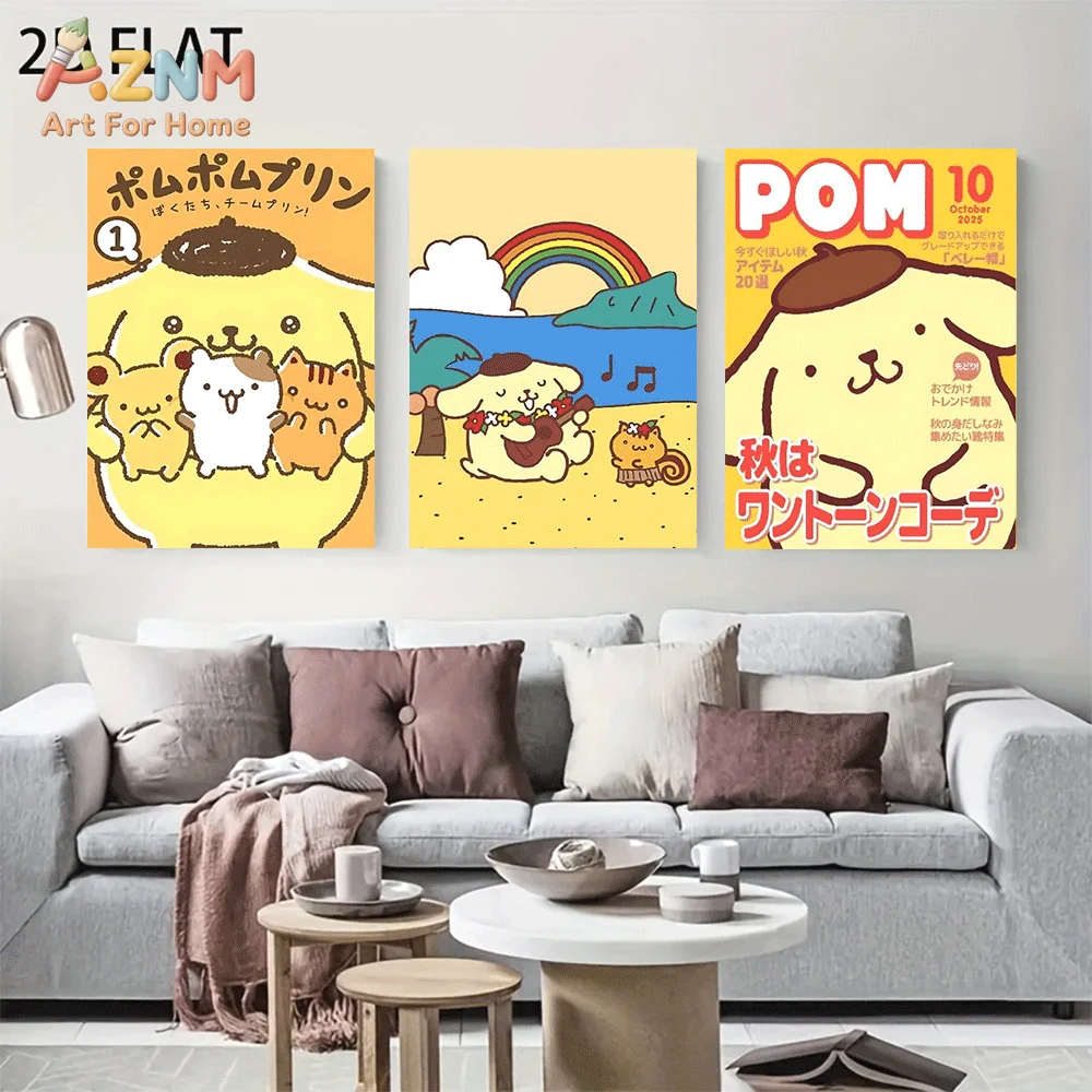 AZNM Sanrio Pompompurin Canvas Wall Art Unframed Cute Cartoon Retro Magazine Beach Guitar Rainbow Theme Print Painting Kids Bedr