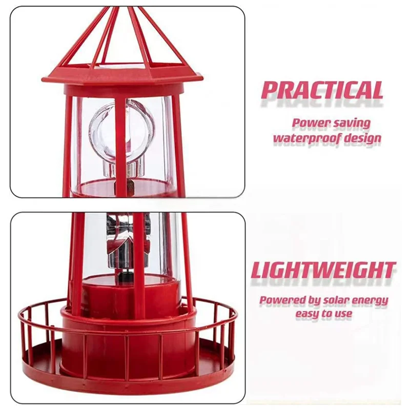LED Solar Powered Lighthouse, 360 Degree Rotating Lamp Courtyard Decoration Waterproof Garden Towers Statue Lights A
