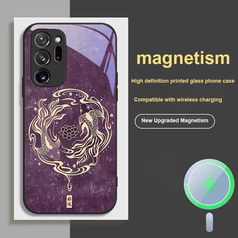 

For Samsung S 23 25 Edge 4 5 G 24 21 Note Ultra 22 FE 20 PLUS 26 Magnetic Glass Phone Case Koi Play Lotus Pattern Design