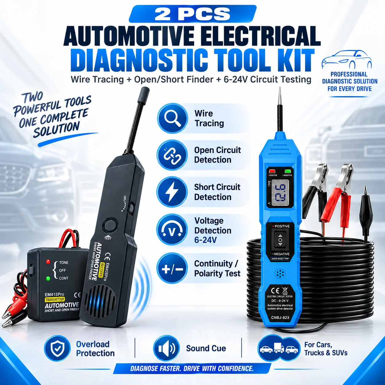 2-Piece Automotive Electrical Diagnostic Kit, EM415Pro Wire Tracer and CNBJ-823 6-24V Digital Circuit Tester, Open Short Circuit
