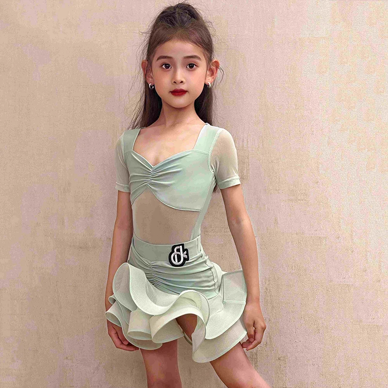 

2025 Summer New Latin Dance Costume For Children Tango Salsa Dance Performance Clothes Girls Shorts Sleeves Practice Set XH2810