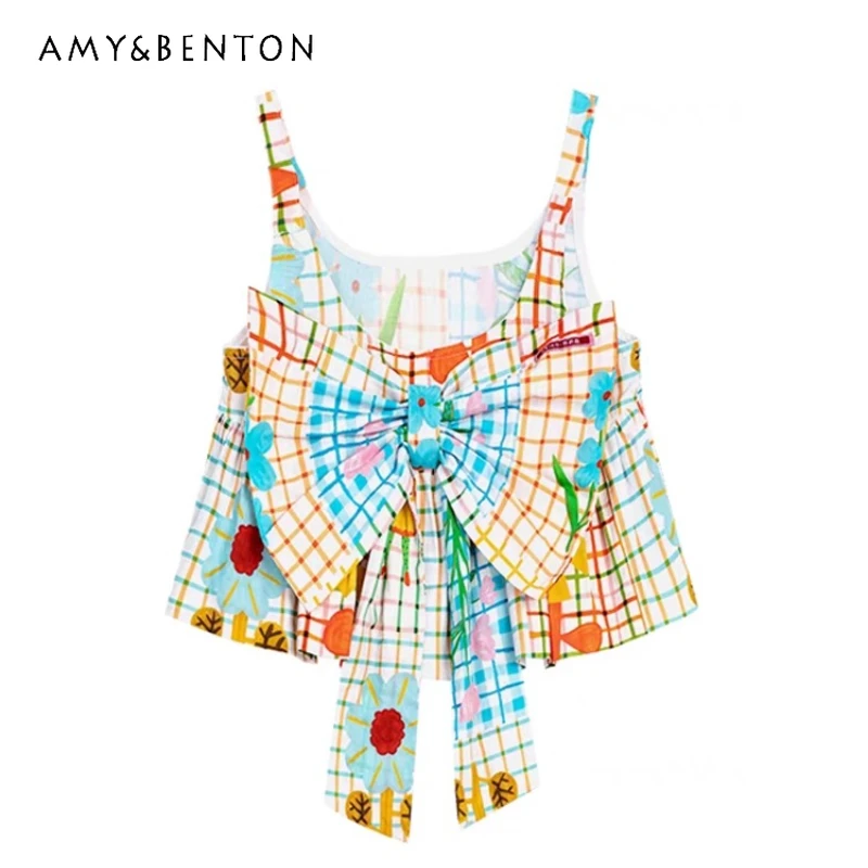 

Japanese Color Graffiti Plaid Printing Women's Camisole Vest Summer New Short Sweet Big Bow Cute Age-reducing Sling Top Ladies