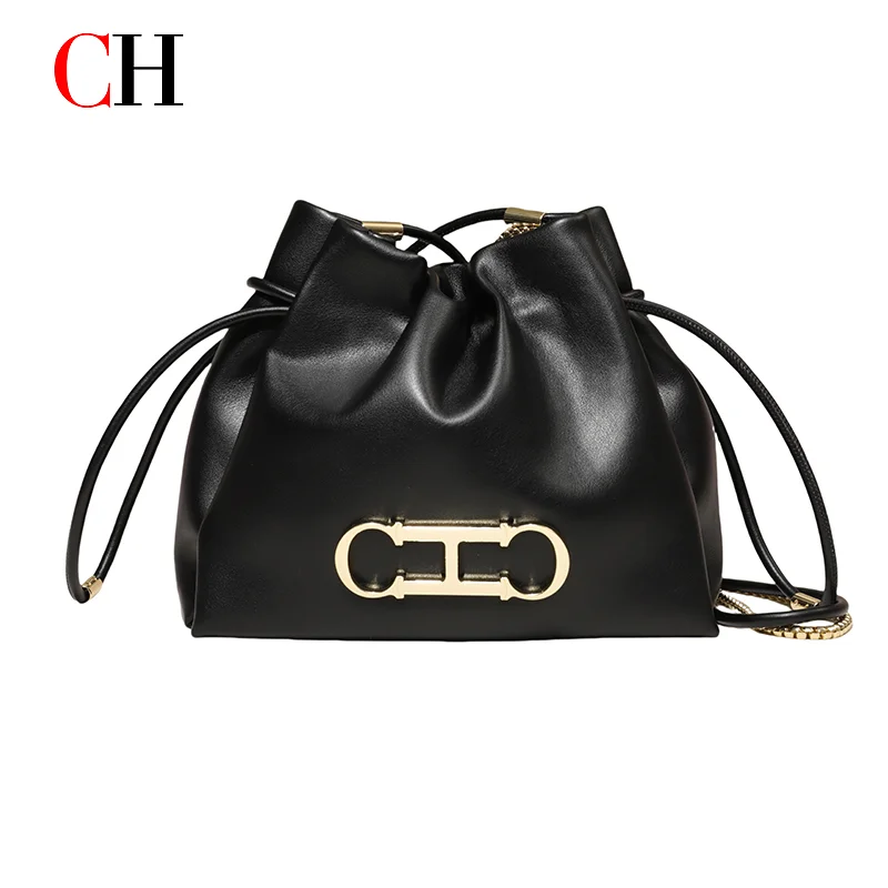 CH Luxury Drawstring Bucket Bag Women Gold Metal Logo Chain Crossbody Bag Shoulder Messenger Handbag For Daily Commute Party