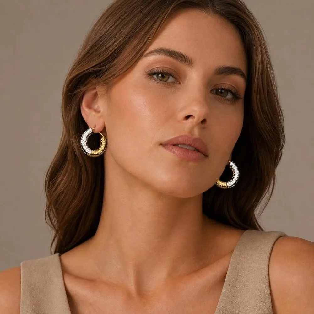 1Pair Two-color Hoop Earrings Concave-convex Texture Irregular Texture Bicolor Earrings Ear Buckle Round Earrings Girl Women