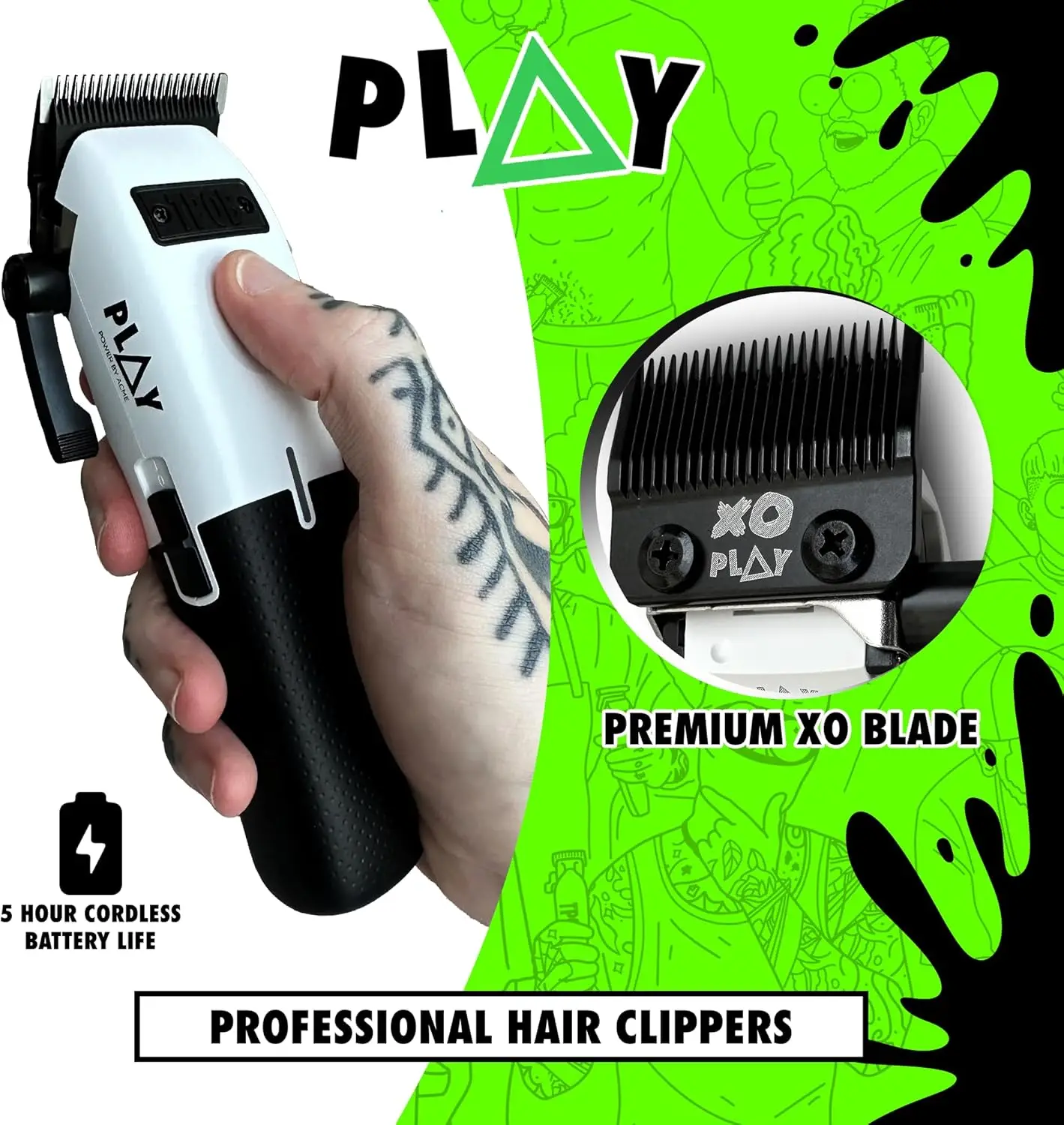 Play Barber Hair Clippers for Men 7500 RPM with Rubber Grips (Play Clipper White)