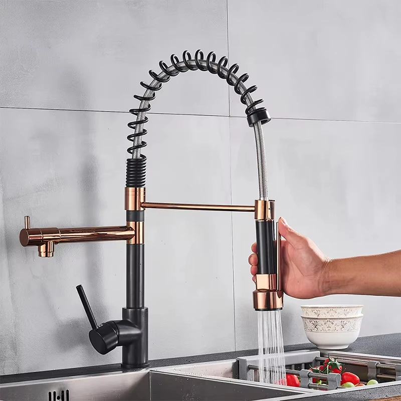 

Black and Rose Golden Spring Pull Down Kitchen Sink Faucet Hot & Cold Water Mixer Crane Tap with Dual Spout Deck Mounted