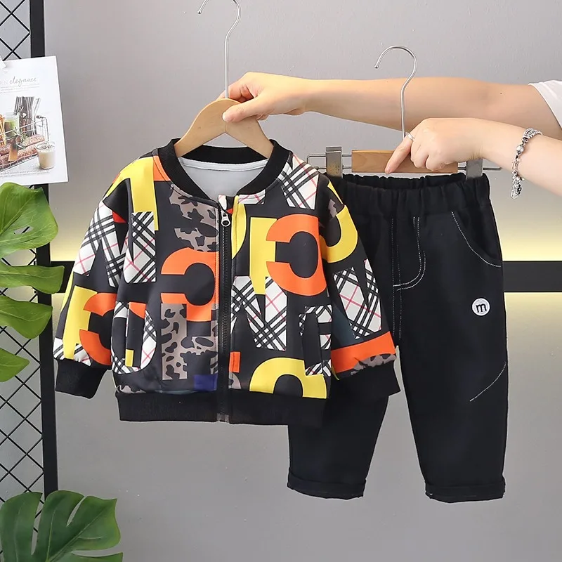

Boys Casual Sets Spring Autumn 2025 Fashion Littile Baby Letter Printed Shirt Jacket Long Black Pant Two-Piece Set