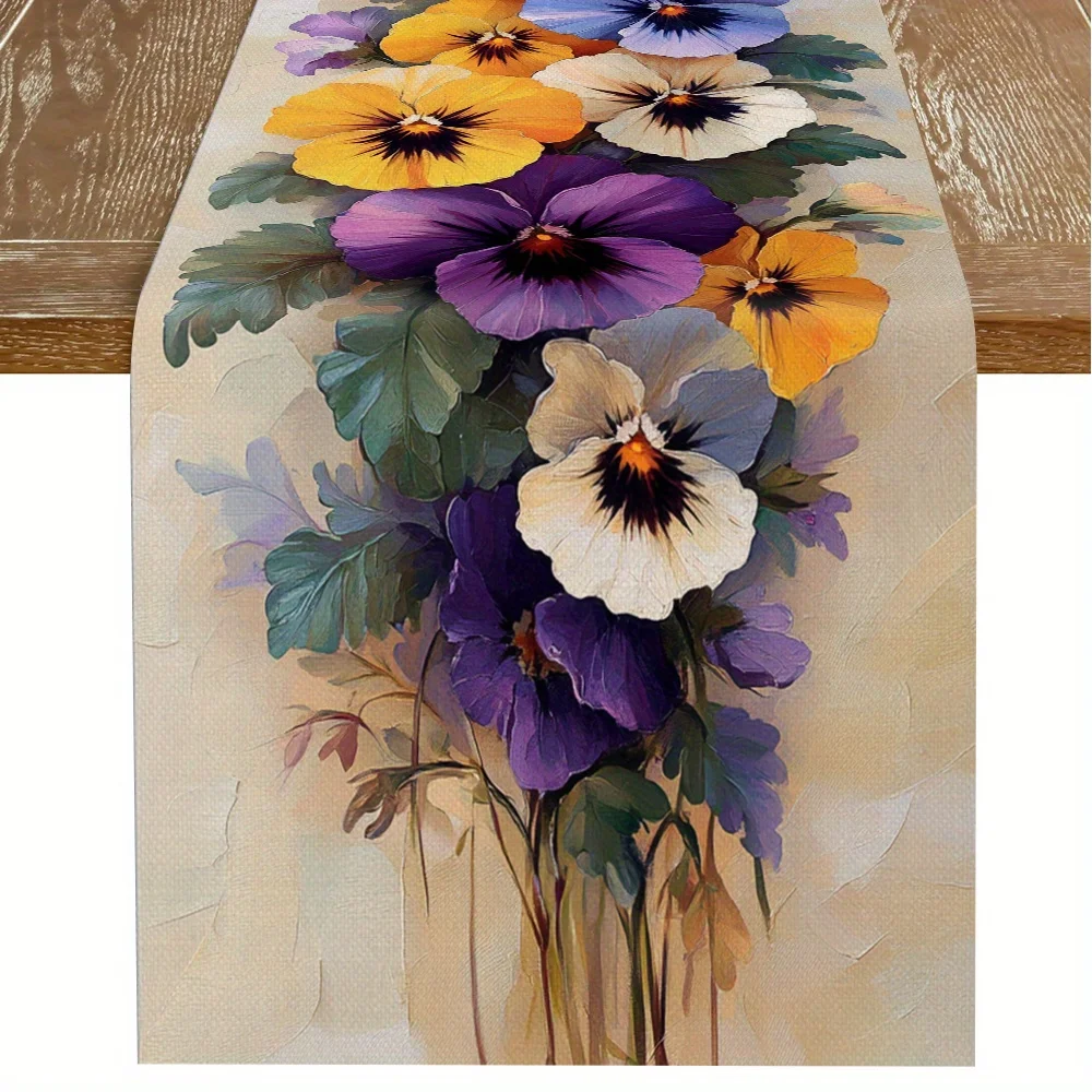 1pc, A Fresh Three-Color Pansy Table Runner, Exuding A Refreshing Vibe Like A Gentle Breeze on A Spring Morning