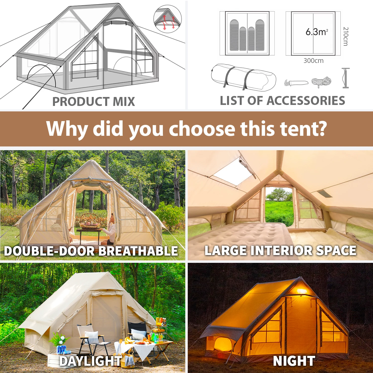 خيمة قابلة للنفخ للتخييم مع مضخة يدوية، خيمة تخزين خيمة هوائية للفصول الأربعة، سهلة الإعداد مقاومة للماء في الهواء الطلق أكسفورد