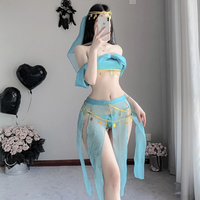 Porno Bar Party Green Hanfu Lingerie Sexy Princess Women Chiffon Temptation Erotic Uniform Ancient Dance Stage Cosplay Costumes