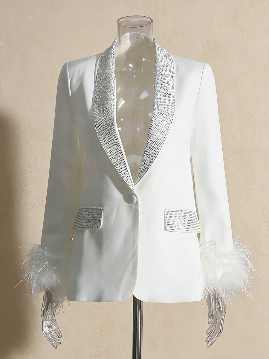 VGH Luxus Trend Verstärktes Feder Solide Blazer Für Frauen V-ausschnitt Langarm Herbst Temperament Abnehmen Jacken Weibliche Mode