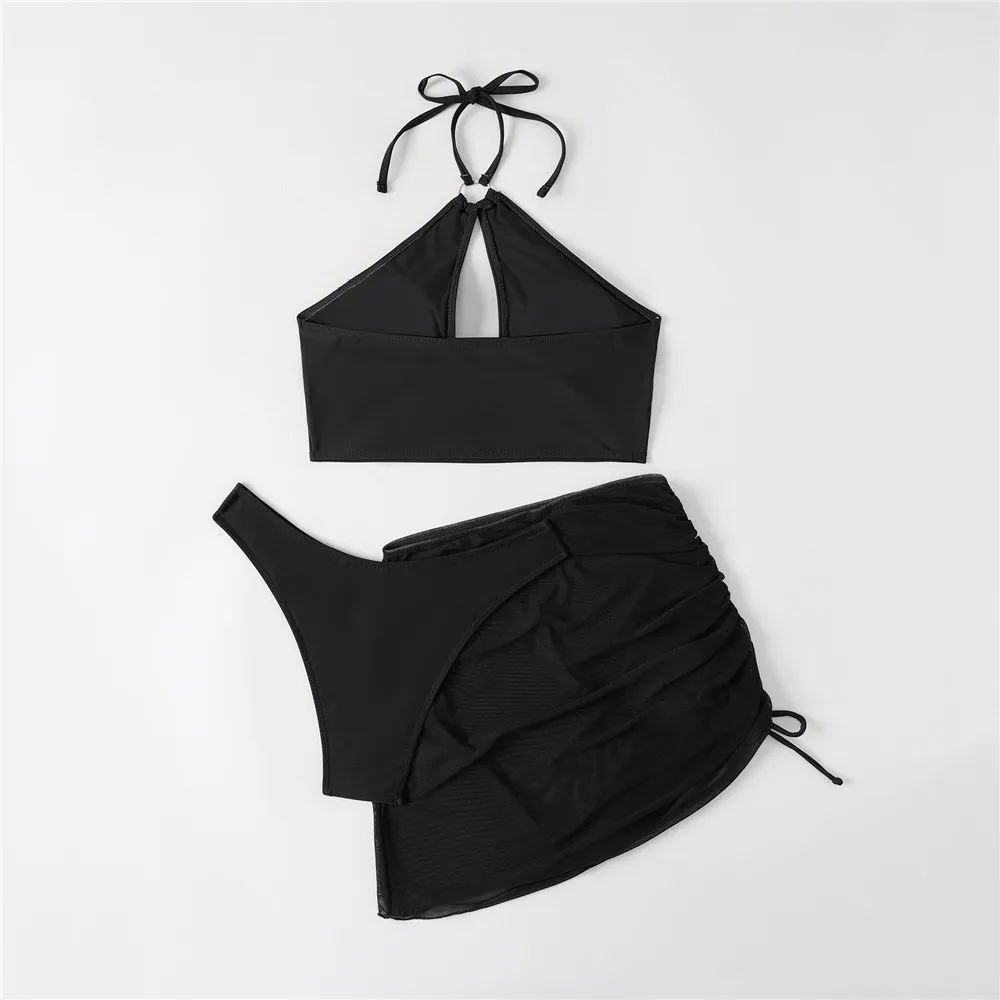 Sexy Black Mesh Cover Up Swimwear, String Halter Bikini Set, Oco Out Swimsuit, High Cut Maiô, Beachwear, 3 pcs