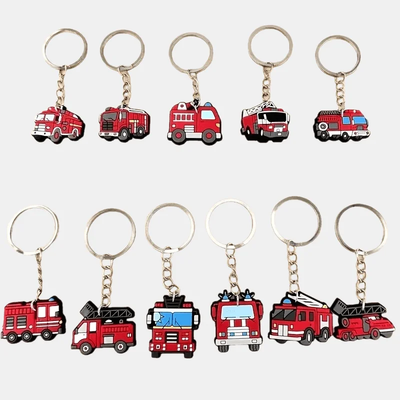 10Pcs Fire Truck Keychains, Firefighter Keyring Set for Birthday Party Favors Gifts Decorations