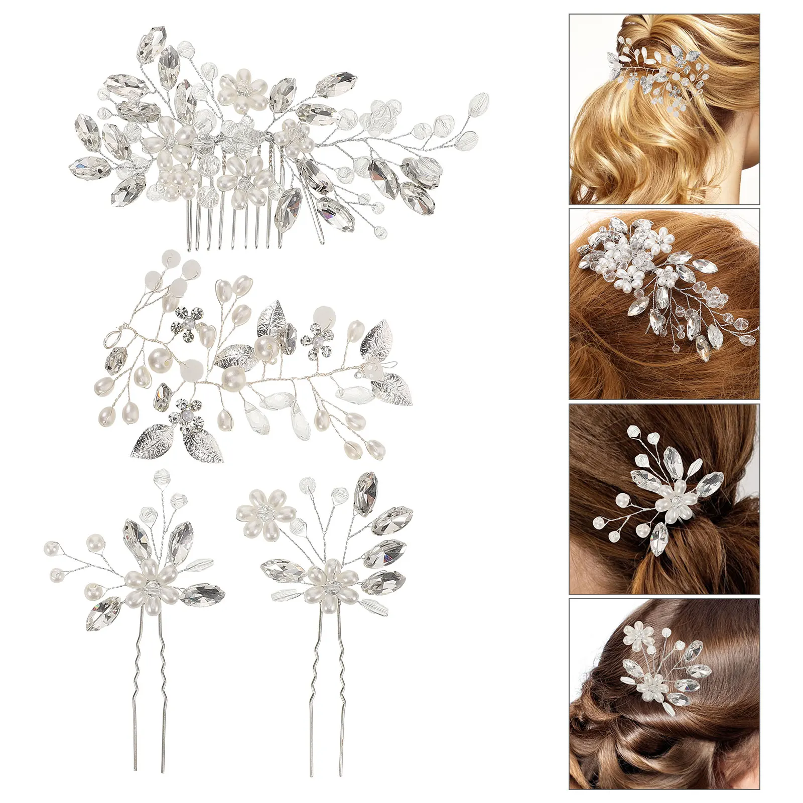 

4pcs Vintage Flower Inserted Comb Set Chinese Style Pearl Rhinestone Decorative Hair Sticks For Women Banquet Bridal Party