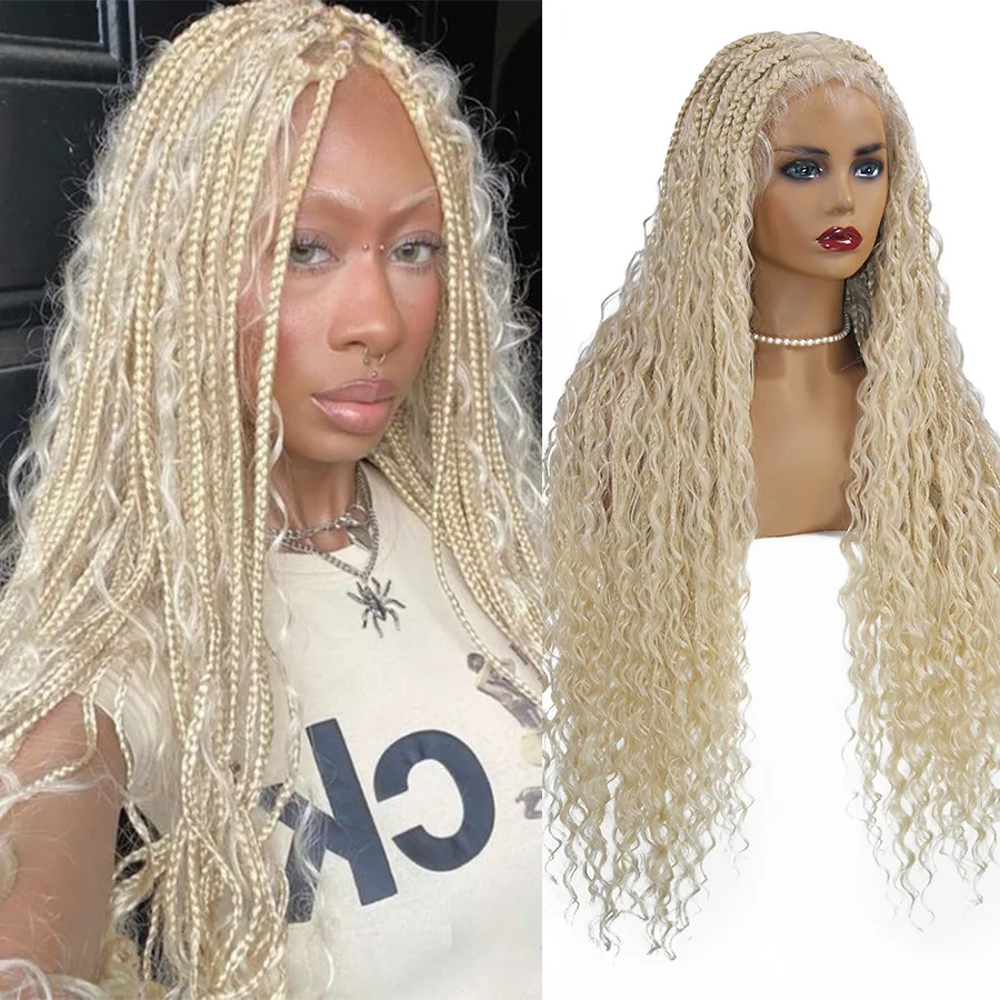 

Blonde 613 Full Lace Front Synthetic Braided Wigs Boho Box Braids Wig 32'' Square Knotless Braided Wig With Curly Ends For Woman
