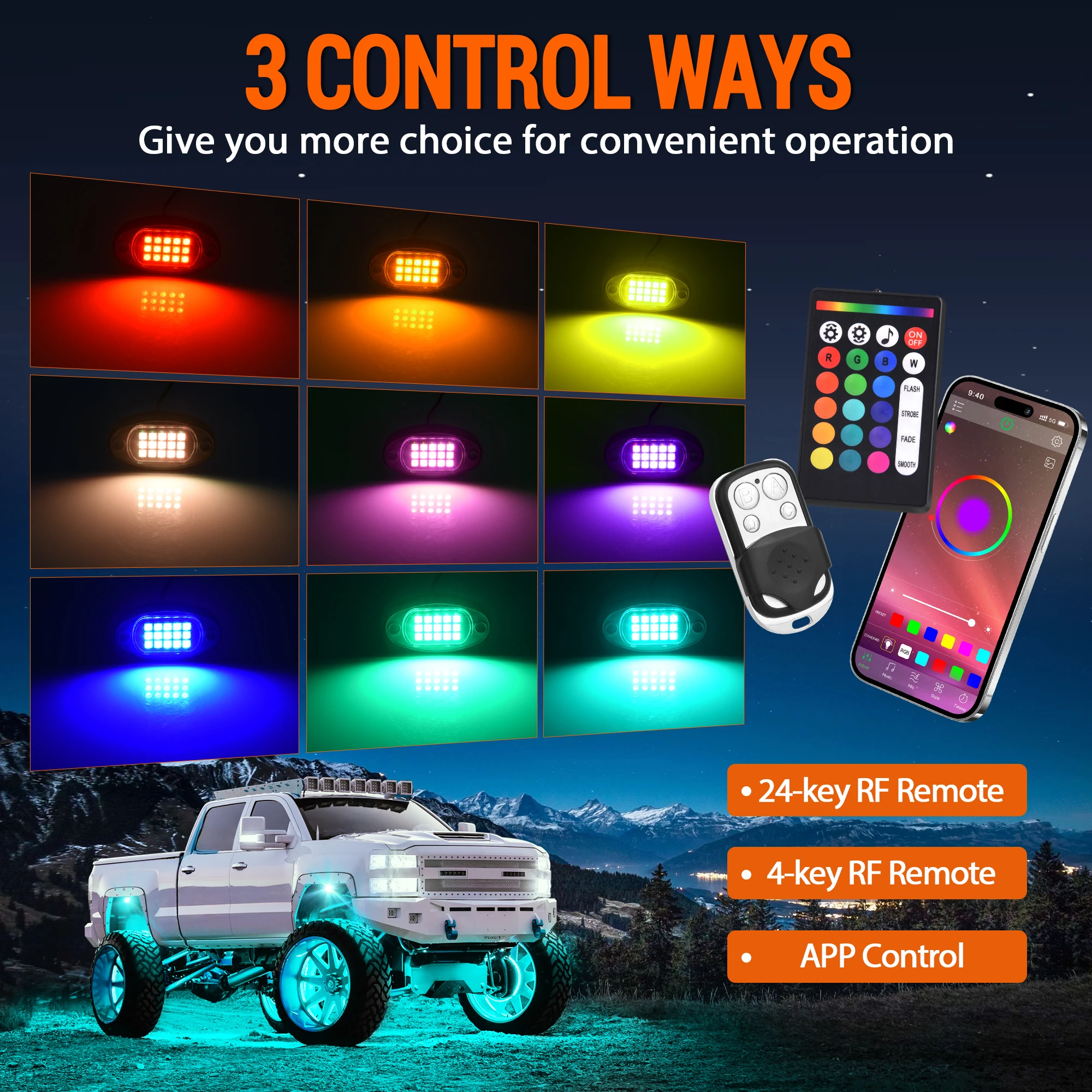 MICTUNING RGB LED Rock Lights 8 Pods - Multicolor Underglow Neon Light Kits, Underbody Lamp Waterproof with APP/Remote Control