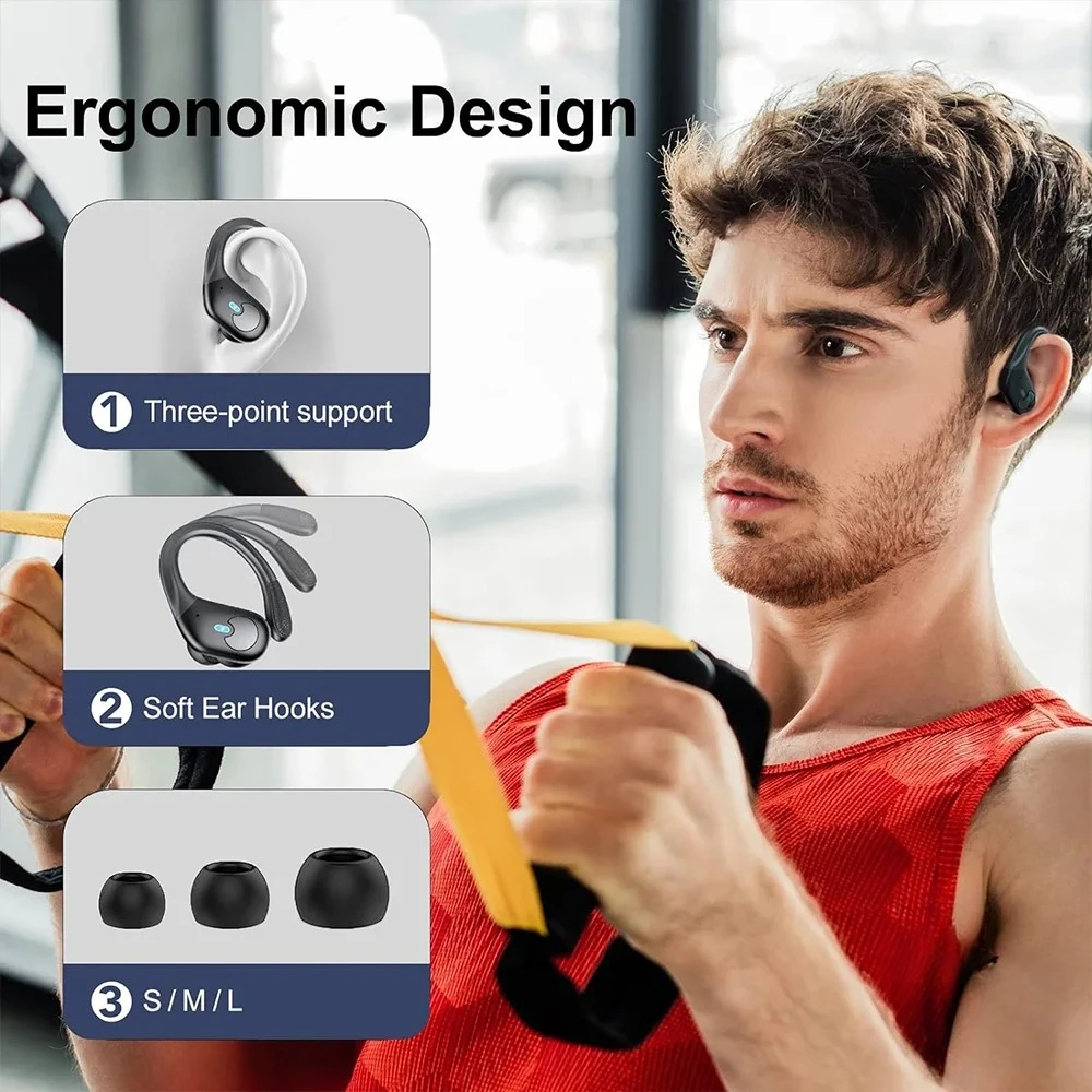 Sports Bluetooth Earphones IPX7 Waterproof Wireless Headphones 60hrs Music with Mic LED Power Display Soft Earhook TWS Earbuds