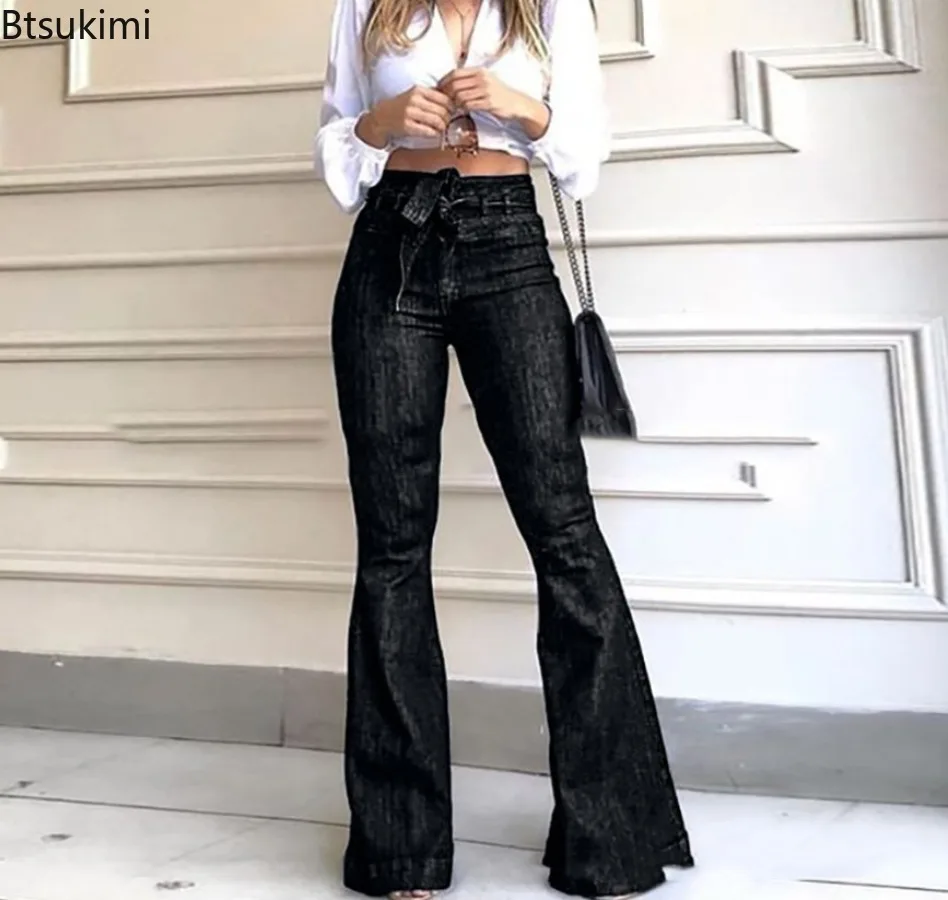 2025 New Women's Solid Denim High Waist Wide Leg Flare PantsSlim Fit Stretchy Jeans  Ladies Casual Work Full Length Trousers