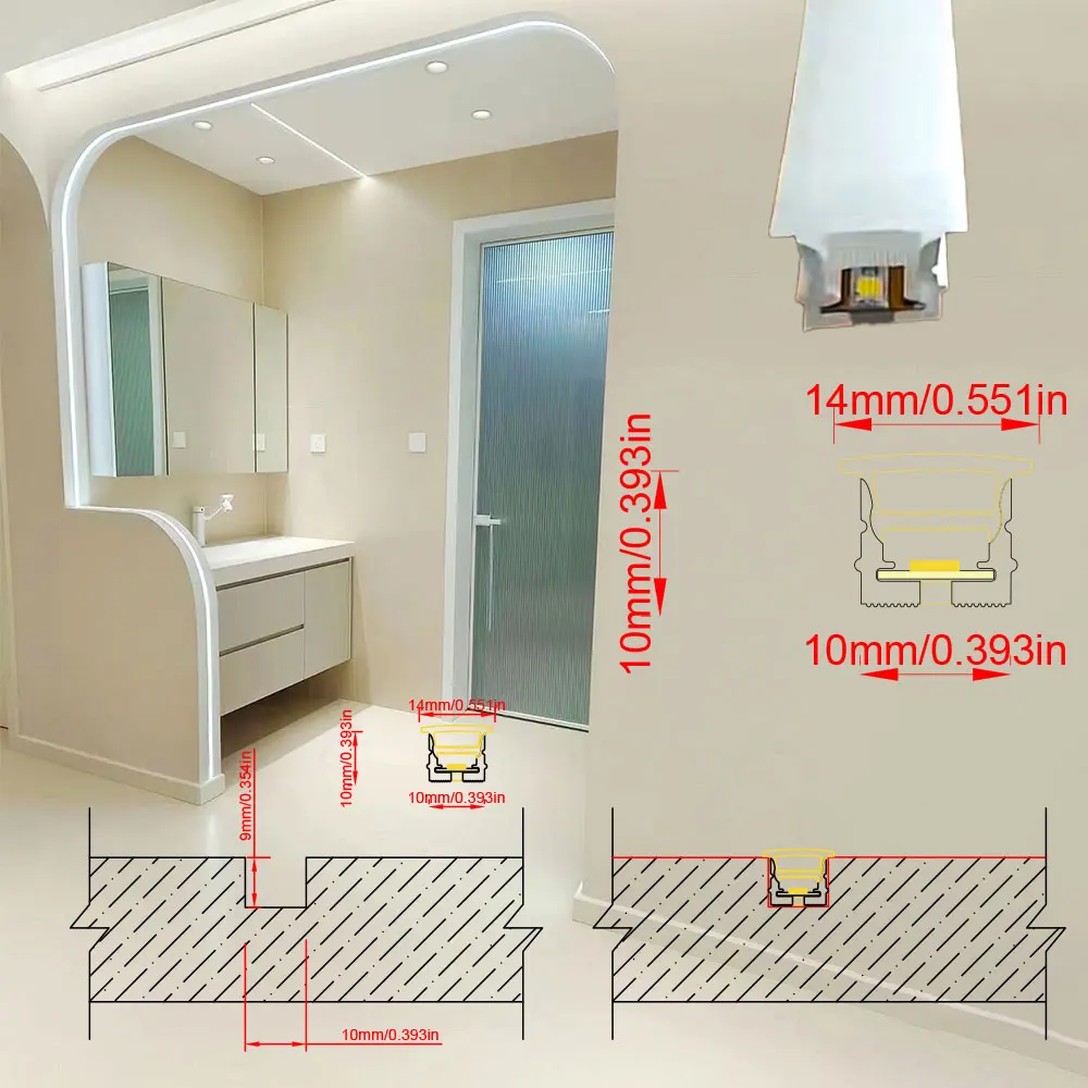 Linear LED Profile Flexible Silicone Neon Tube 2835 Cuttable Beads Embedded Lighting for Cabinet Bookshelf Ceiling Wardrobe