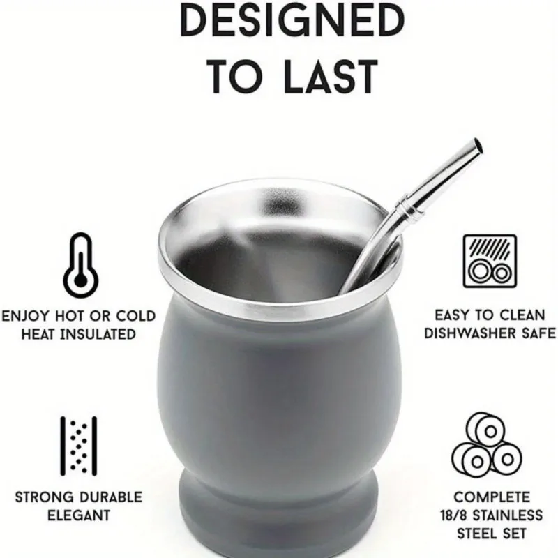 1Set Double-Wall Stainless Tea Set Water Mate Tea Cup 8 Ounces Stainless Steel with Spoon Straw Cleaning Brush Gourd Cup - view 3