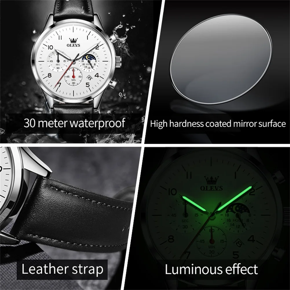 Olevs-男性用防水発光クォーツ腕時計,クロノグラフ,ムーンフェイズ,オリジナル,トップブランド,2882