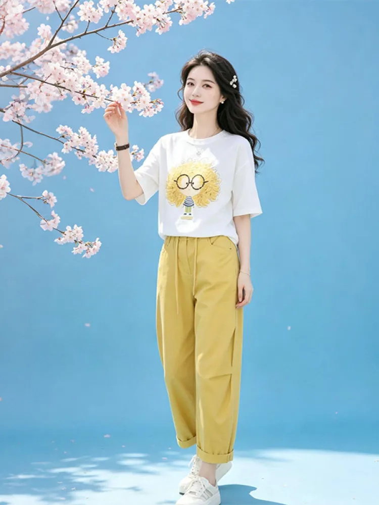 

Summer Fashionable Short Sleeve T-Shirt Set Cute Print Casual Pants Breathable Comfortable Women's Workwear round Neck Two-Piece