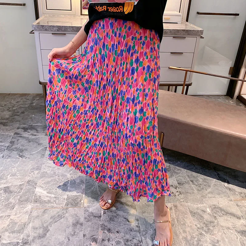 

New 2023 chic flowers elegant retro Korean fashion high waist pleated spring and summer holiday women's long pleated skirt shopp