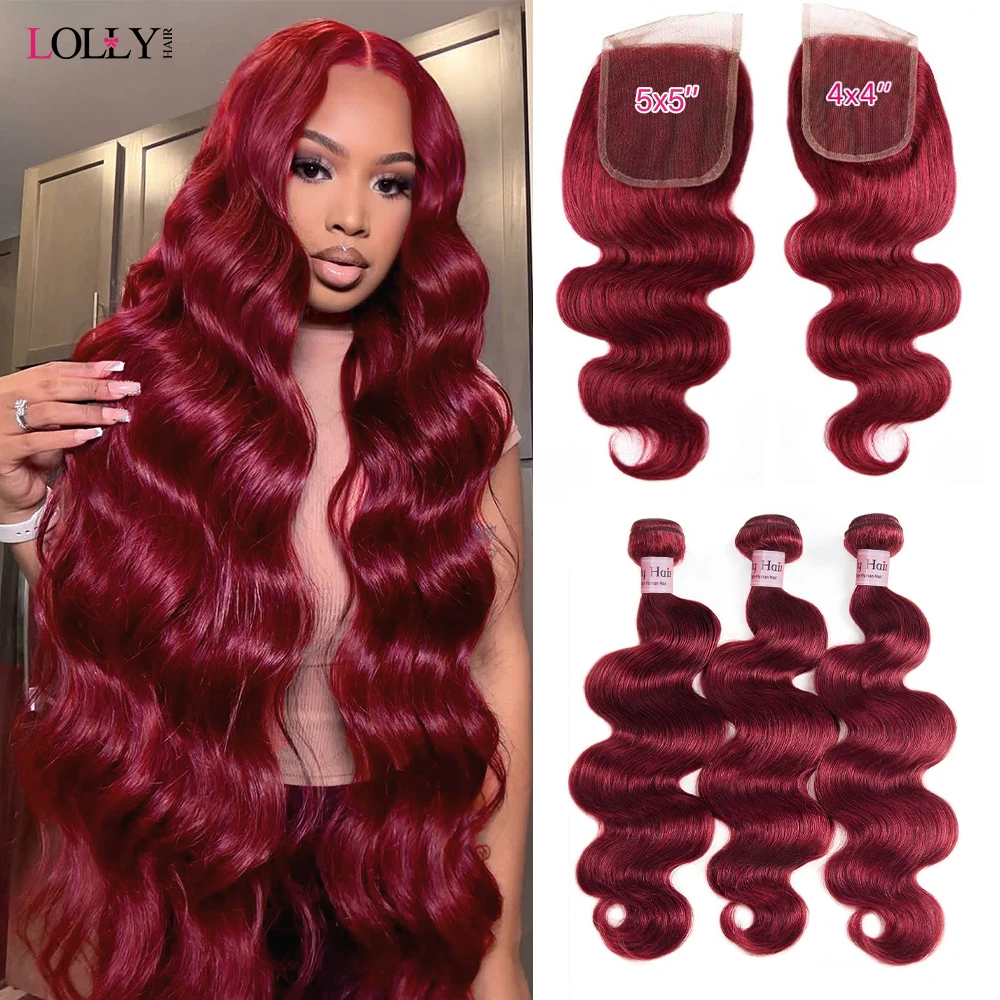

99J Burgundy Body Wave Bundles With Closure 4x4 5x5 100% Human Hair Extension Bundles With Closure Colored 99J Human Hair bundle
