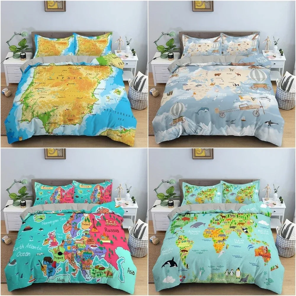 

Map Pattern Bedding Set Luxury Cozy Duvet Cover Set For Bedroom Decor King Queen Full Quilt Cover Pillowcase Bedclothes