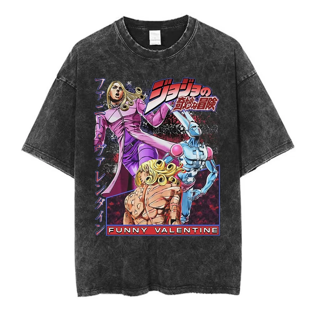 Camiseta de algodón lavada con estampado de personajes de Jojo's Bizarre Adventure: Jolyne Cujoh y Stone Ocean, 100% algodón, manga corta, estilo Y2K