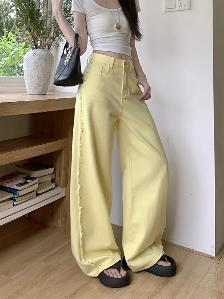 

2025 Ropa Y2K Fashion Rivet Design Yellow Baggy Stacked New Jeans Pants For Women Clothing Straight Lady Trousers Pantalon Femme