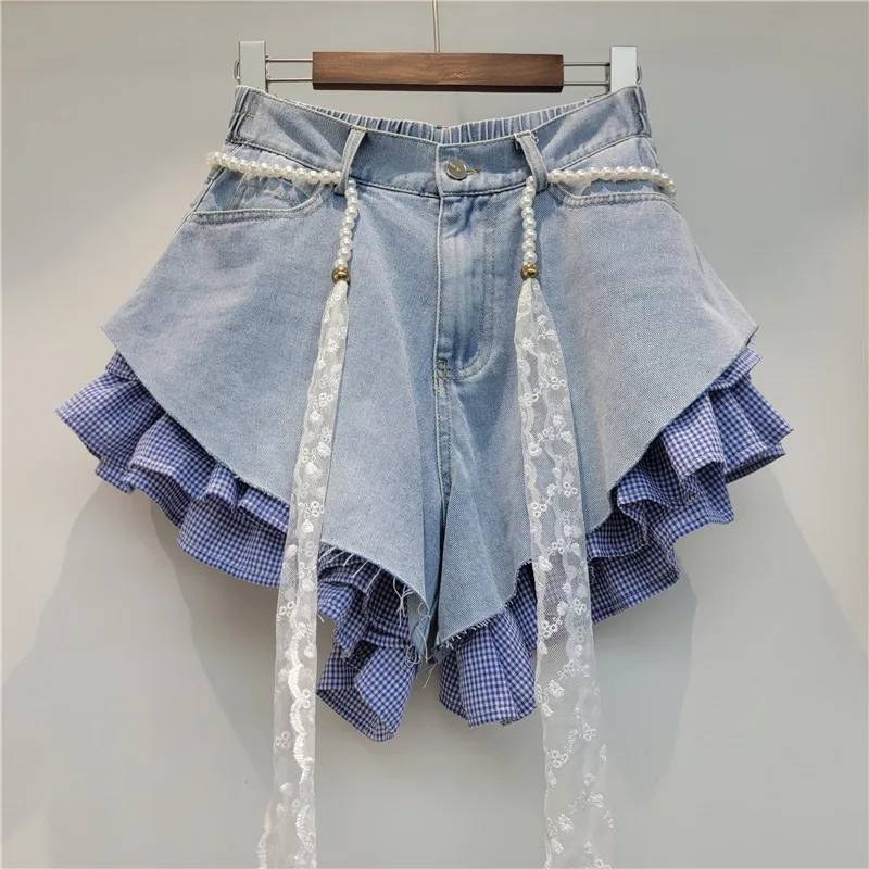 

Summer Y2k Denim Patchwork Plaid Booty Shorts High Waist Slimming Design Jean Shorts With Belt Ladies Casual Fashion Short Pants