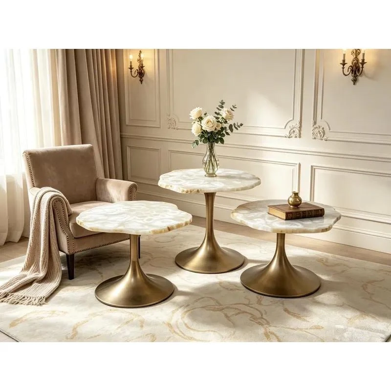 Hotel villa living room handmade white agate irregular side table natural edge translucent stone metal base
