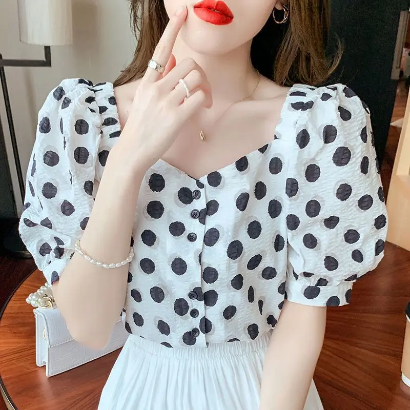Polka Dot Printed Puff Sleeve Shirt for Women 2025 Summer New Style Chiffon V-neck Top Fashionable Short Sleeves