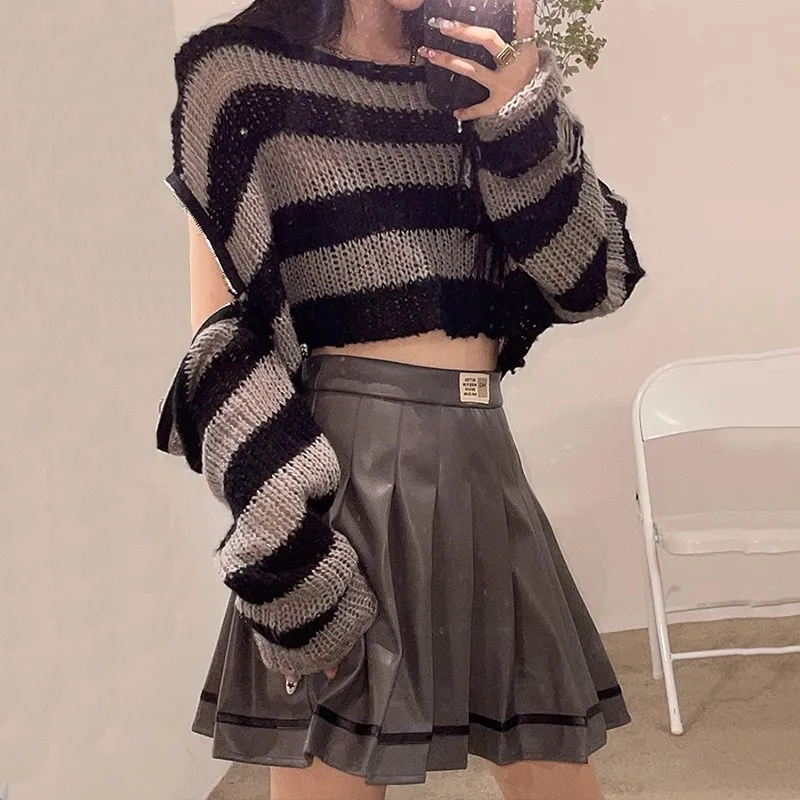 Karrcat Gothic Striped Sweater Emo Grunge Jumper Punk Dark Academia Alt Clothes Black Gray Knitted Cropped Pullovers Streetwear