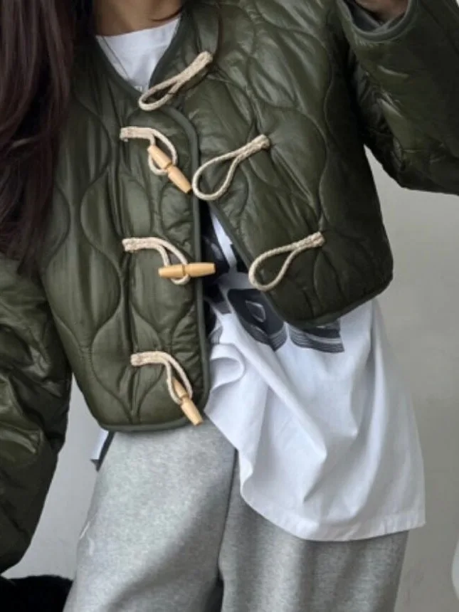 Warm Short Cotton Jacket for Women with Horn Buttons Korean Style Spring Autumn Winter Casual Wear School Work Travel Street ...