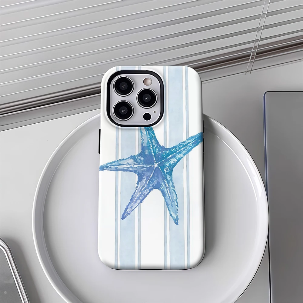حافظة لهاتف آيفون 17 بخطوط زرقاء على شكل نجم البحر البحري لهاتف آيفون 17 16 15 14 13 12 برو ماكس بلس غطاء خلفي مزدوج الطبقة