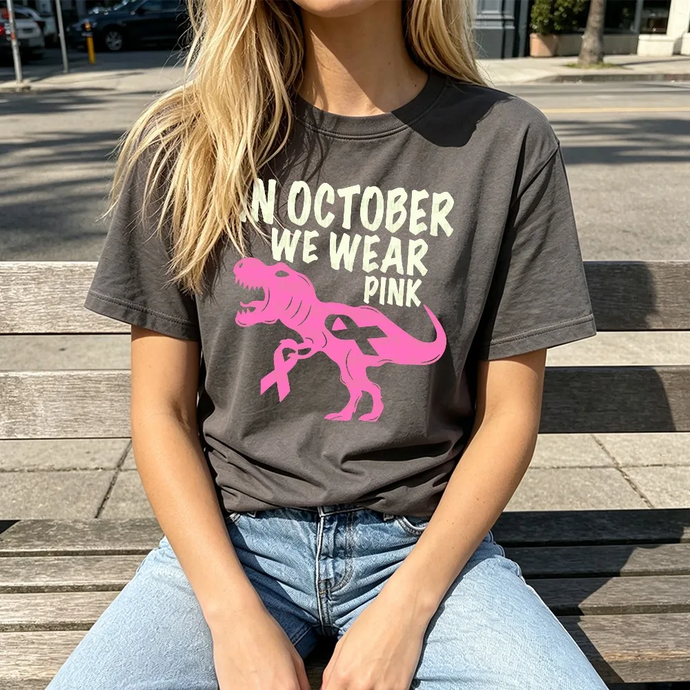 Pink T-Rex Dinosaur Ribbon Graphic T Shirt Women Funny Animal Print Breast Cancer Awareness Month Clothes