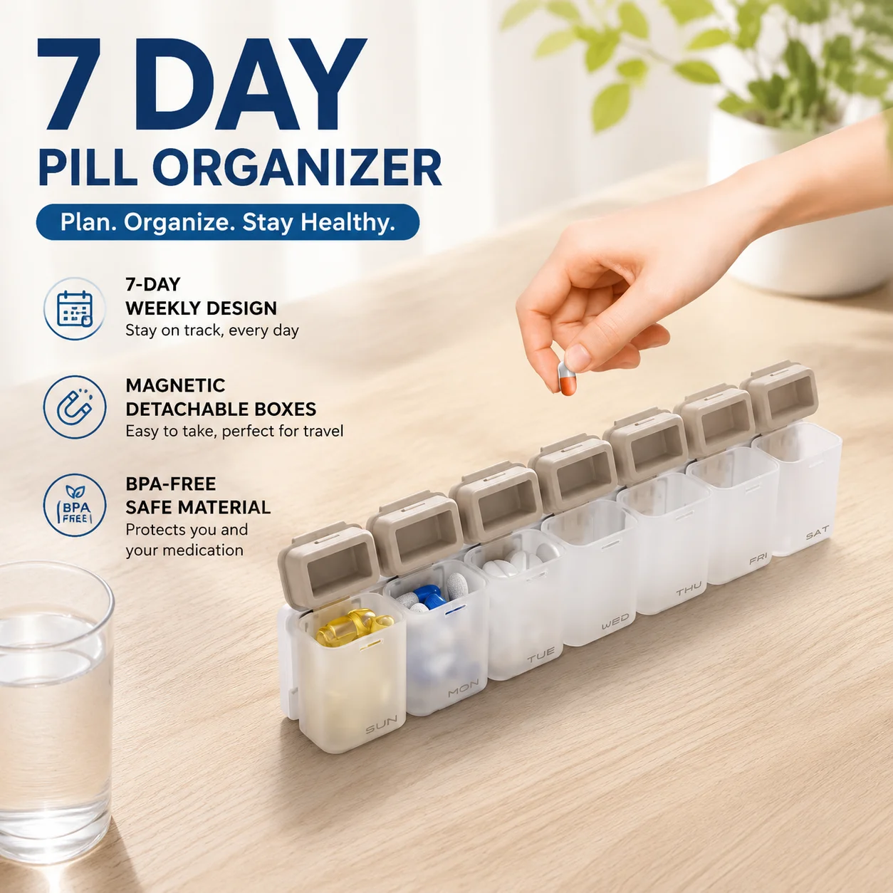 

7 Day Weekly Pill Organizer, Magnetic Detachable Travel Pill Box, BPA-Free Plastic Medicine Dispenser with Silicone Lid,