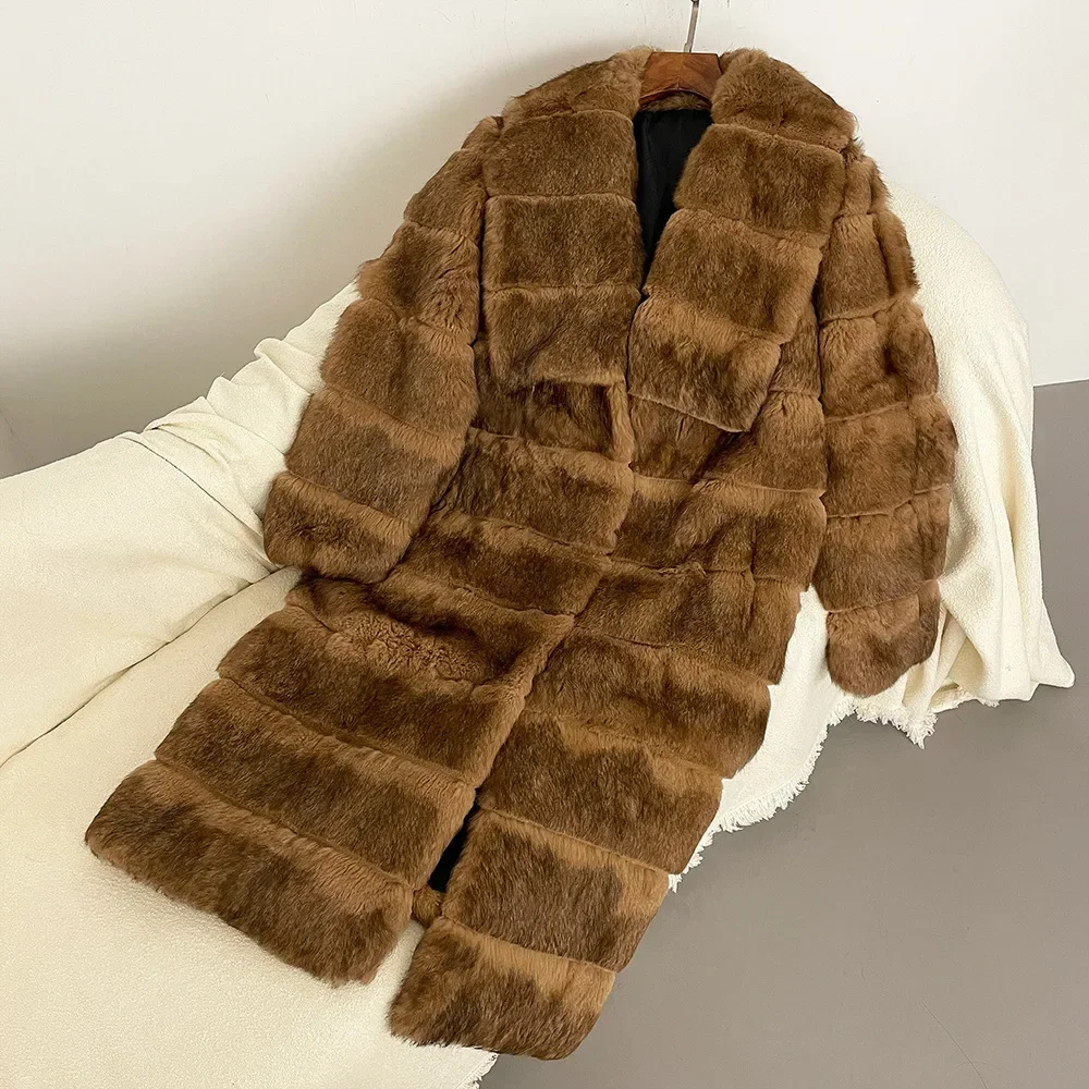 2024 herbst/Winter Natürliche Kaninchen Pelzmantel Pelz Onesie frauen Revers Mid-länge Warme Dicke Mantel Benutzerdefinierte farbe