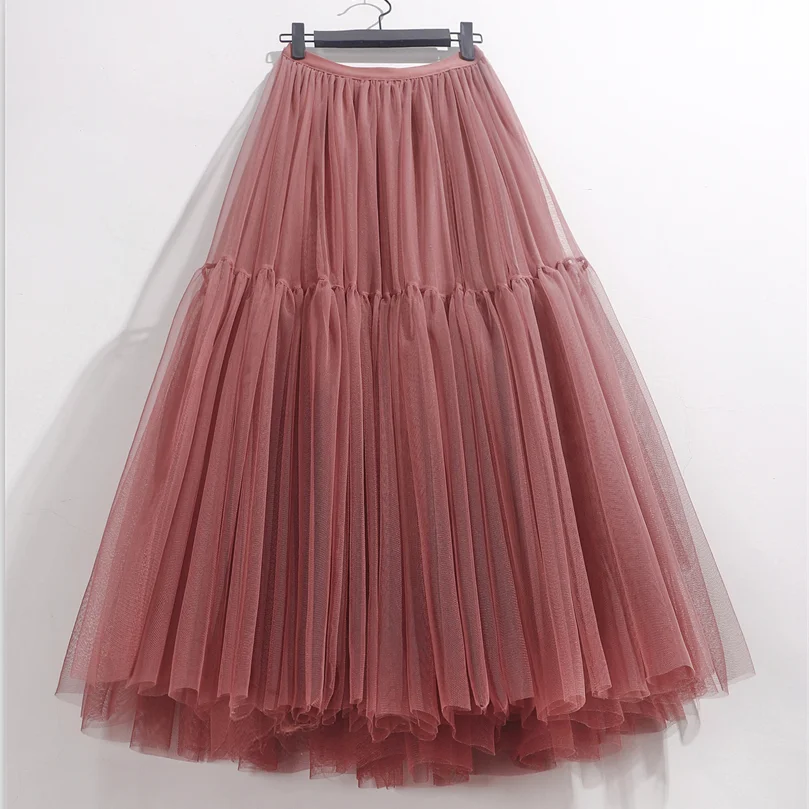 2026 New Spring Summer Women Skirts England Style Elegant Loose Long Skirt High Waist Solid Color Ruffles A-Line Mesh Skirt